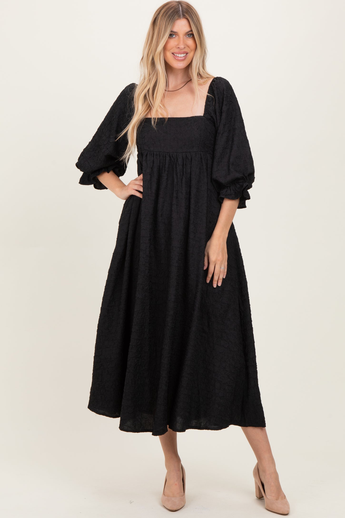 Black Textured 3/4 Puff Sleeve Maternity Maxi Dress