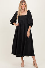 Black Textured 3/4 Puff Sleeve Maxi Dress