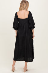 Black Textured 3/4 Puff Sleeve Maxi Dress