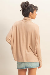Taupe Draped Oversized Turtleneck Dolman Sleeve Top