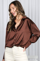 Brown Satin Button Up Blouse
