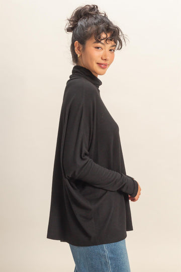 Black Draped Oversized Turtleneck Dolman Sleeve Top