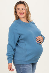 Blue Pullover Terry Maternity Plus Crewneck