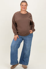 Brown Pullover Terry Maternity Plus Crewneck
