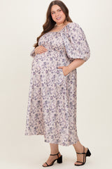 Light Pink Floral Puff Sleeve Smocked Waist Maternity Plus Midi Dress