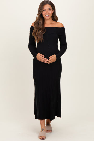 Black Ribbed Knit Off Shoulder Maternity Midi Dress