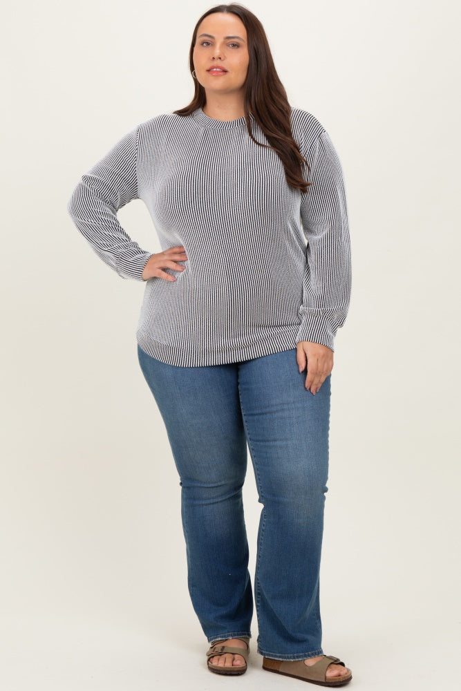 White Stripe Textured Ribbed Long Sleeve Plus Top
