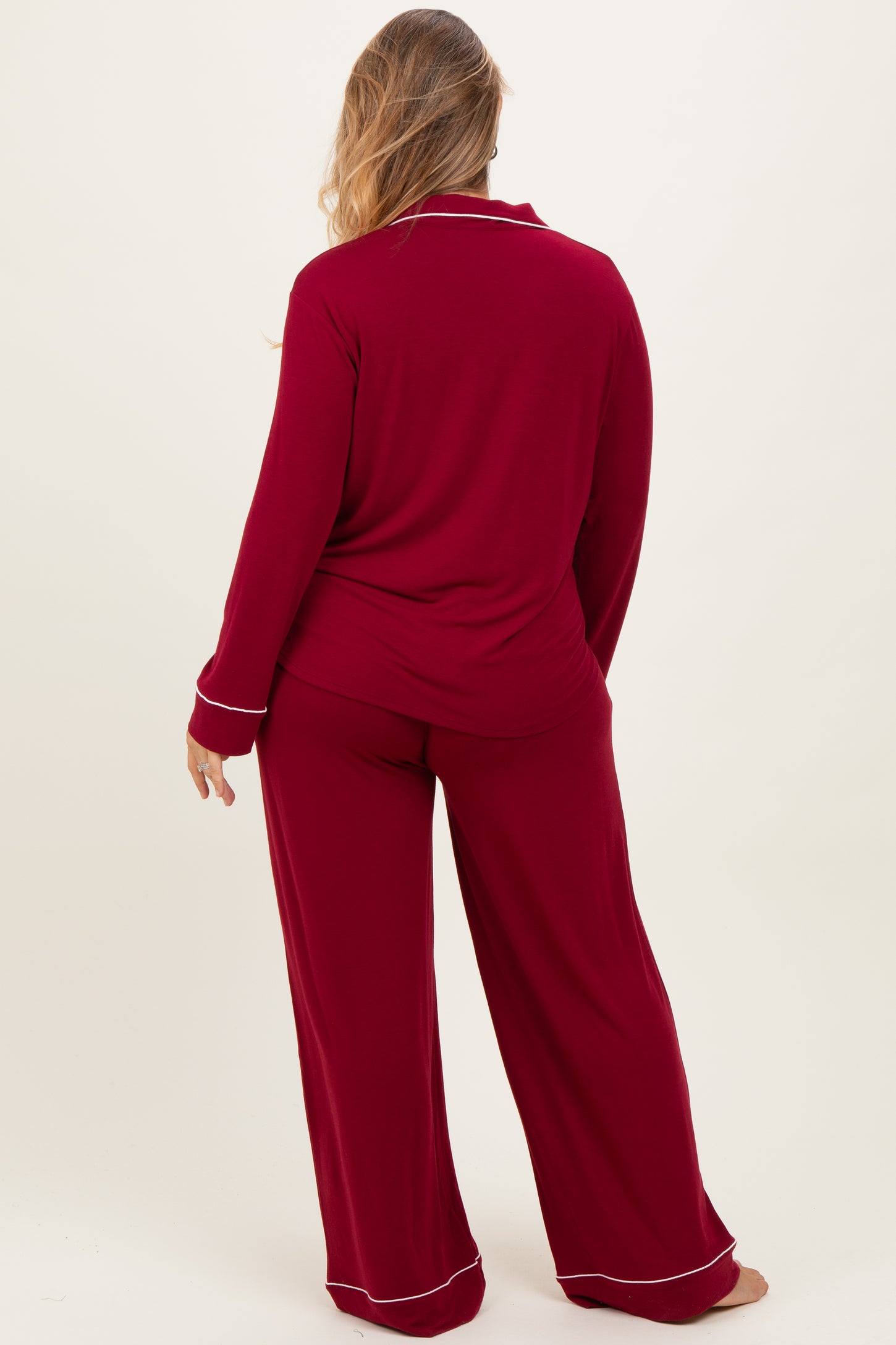 Burgundy Button Down Top Wide Leg Pant Maternity Plus Pajama Set