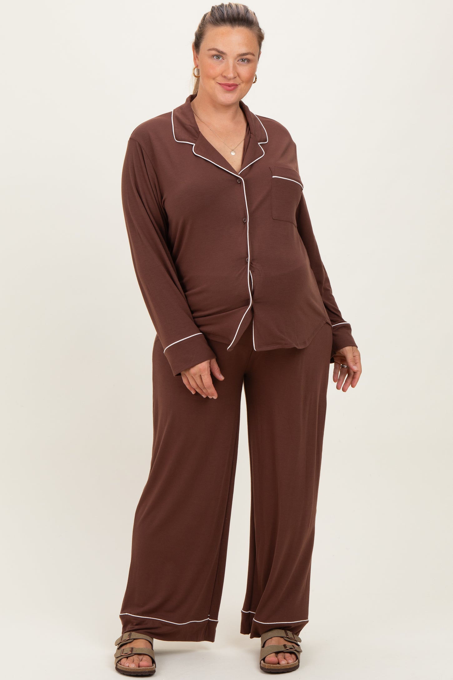 Brown Button Down Top Wide Leg Pant Maternity Plus Pajama Set