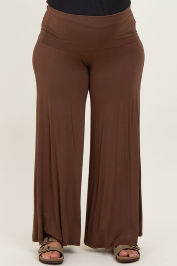 Brown Fold Over Waist Wide Leg Maternity Plus Lounge Pants