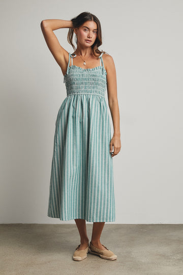 Jade Green Striped Smocked Shoulder Tie Midi Dress