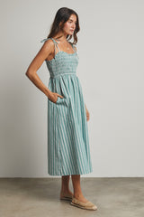 Jade Green Striped Smocked Shoulder Tie Midi Dress