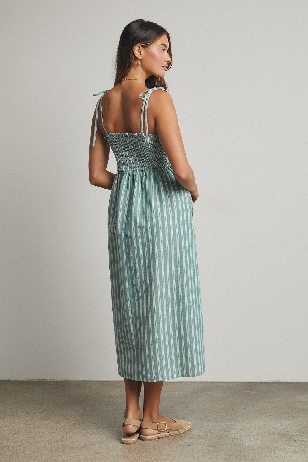 Jade Green Striped Smocked Shoulder Tie Midi Dress