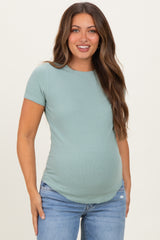 Dusty Mint Ribbed Short Sleeve Curved Hem Maternity Top