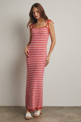 Pink Striped Knit Shoulder Tie Maxi Dress