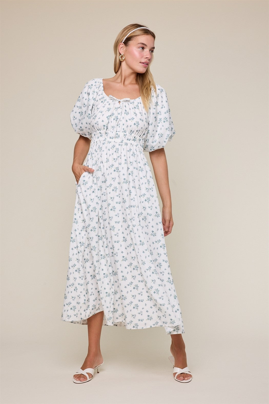 Ivory Floral Puff Sleeve Tie Front Maternity Midi Dress