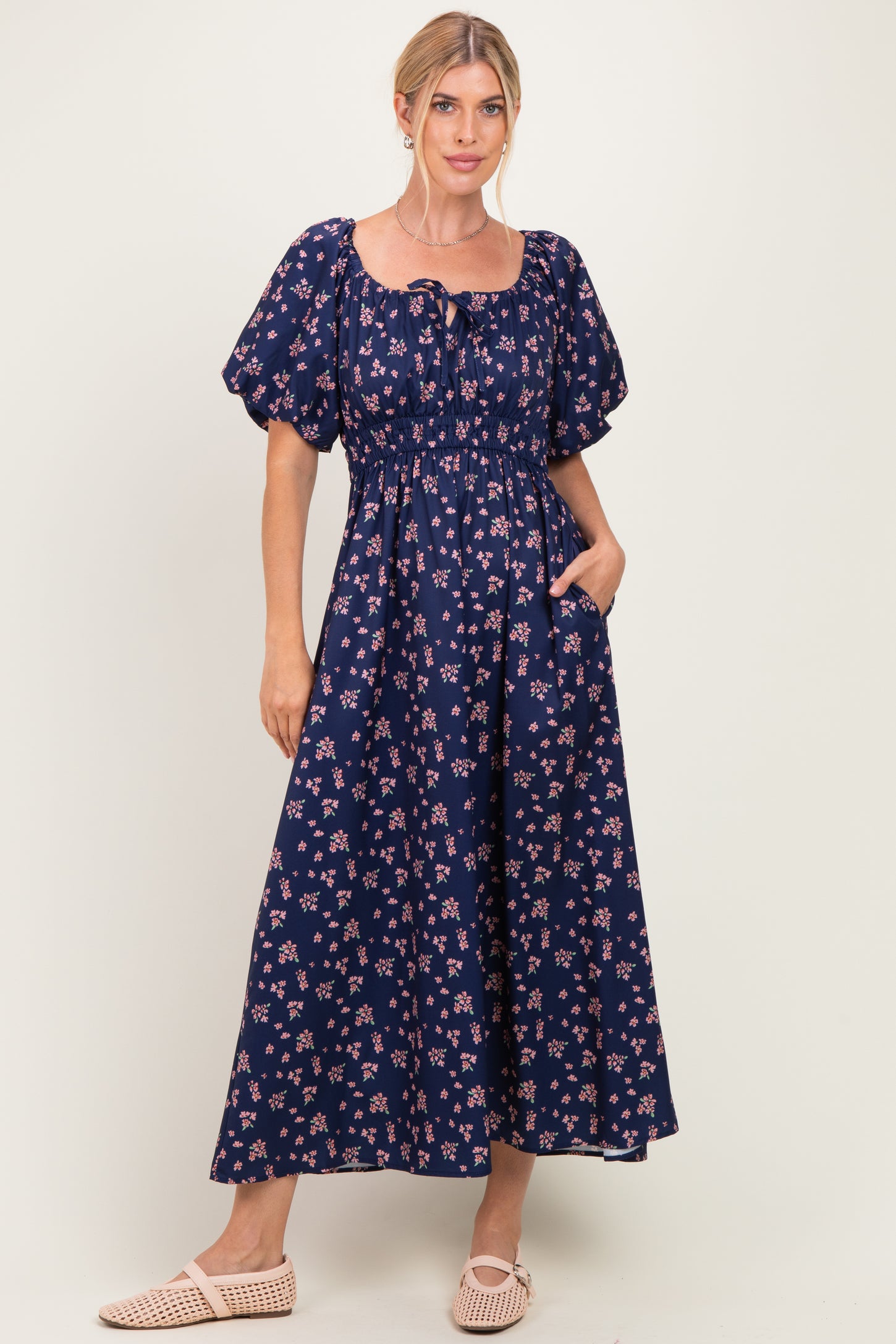 Navy Floral Puff Sleeve Tie Front Maternity Midi Dress