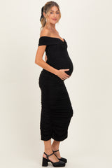 Black Glitter Ruched Off Shoulder Maternity Midi Dress