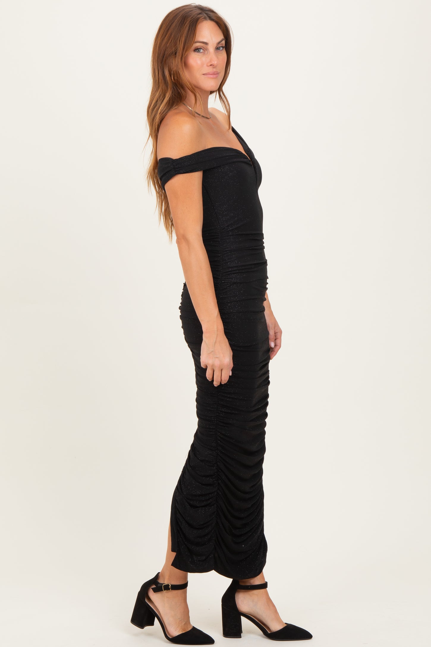 Black Glitter Ruched Off Shoulder Midi Dress