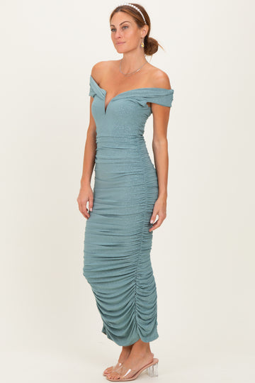Light Olive Glitter Ruched Off Shoulder Midi Dress