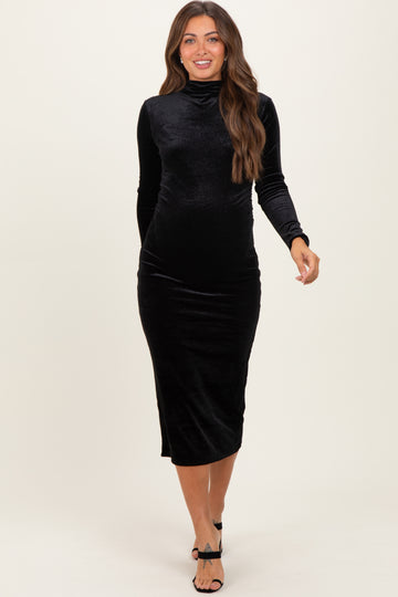 Black Glitter Velvet Ruched Maternity Midi Dress