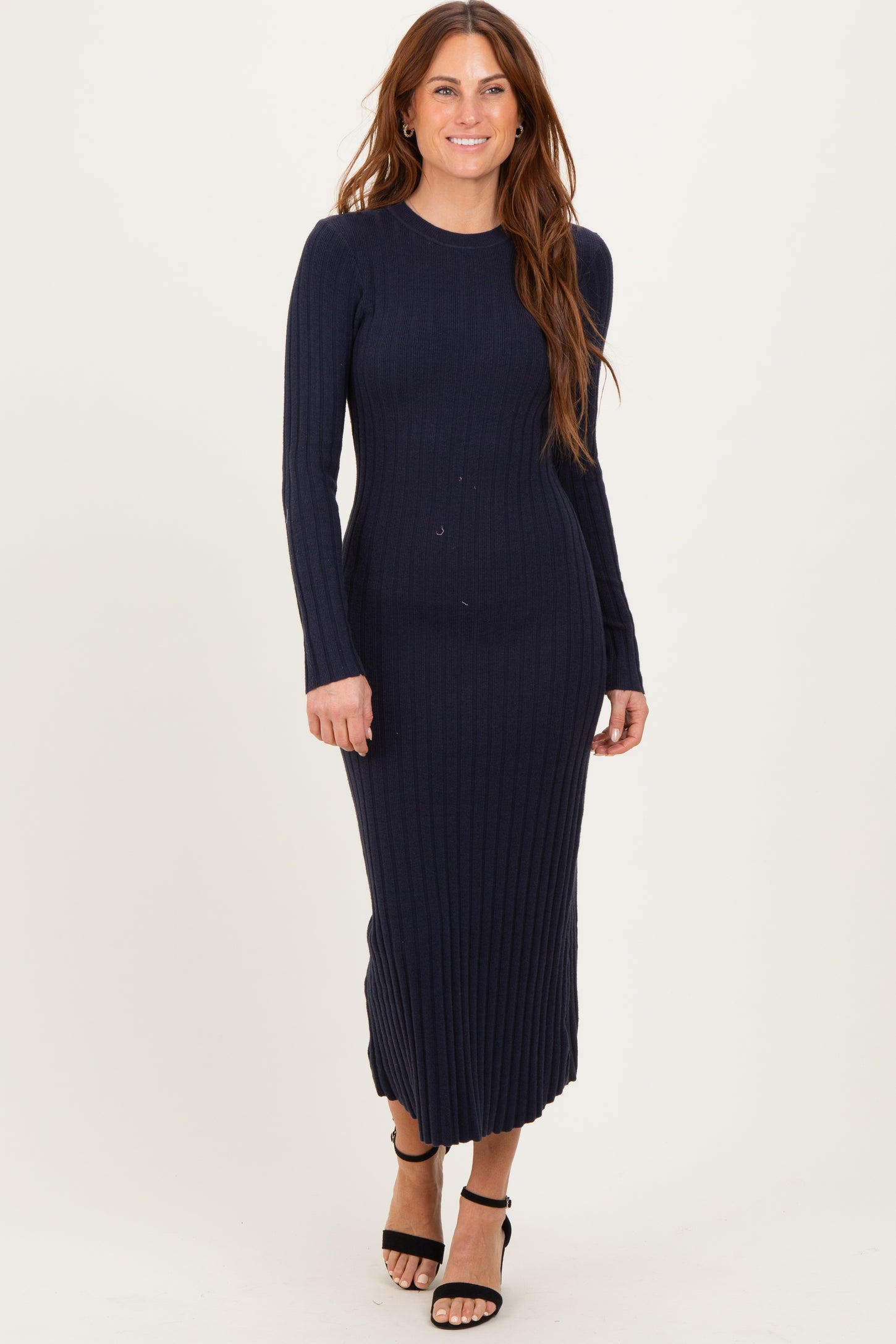 Navy Ribbed Knit Fitted Maternity Midi Sweater Dress