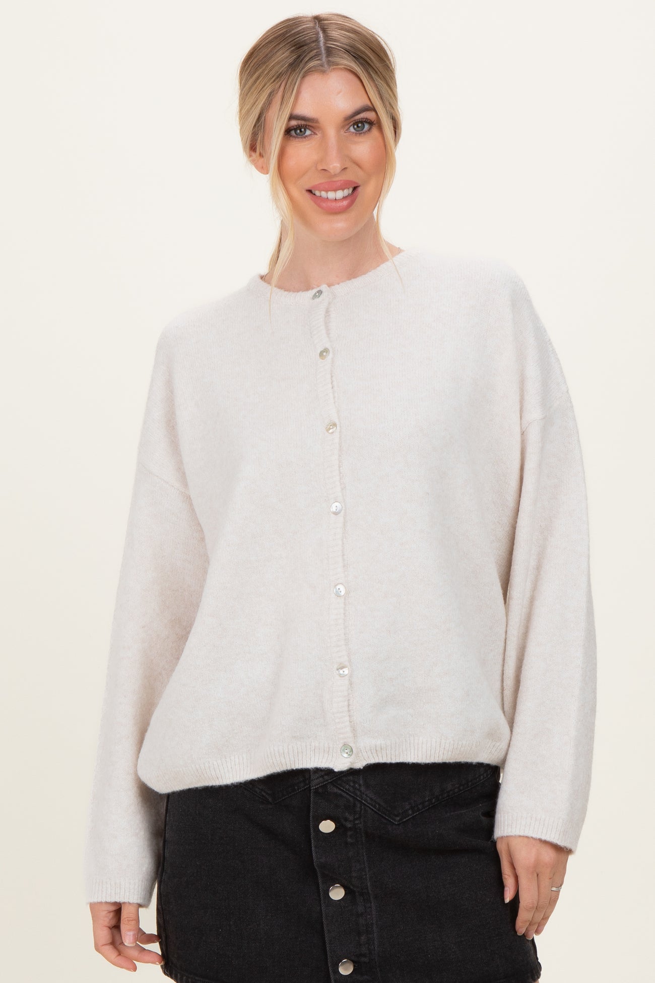 Ivory Classic Crew Neck Button Cardigan