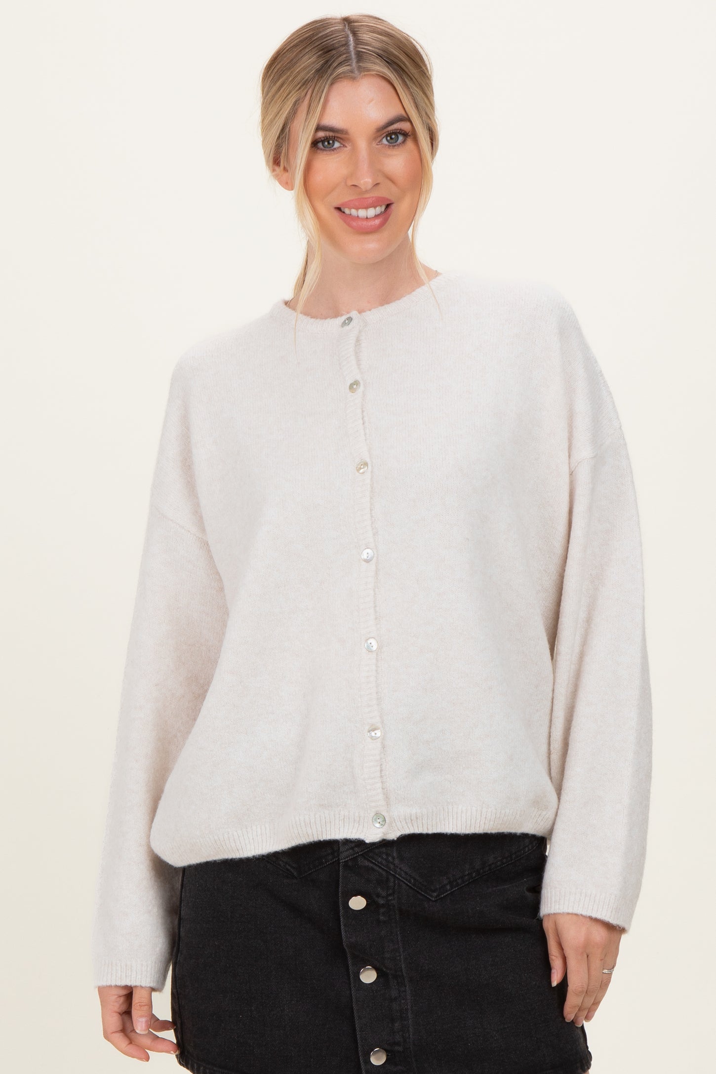 Ivory Classic Crew Neck Button Cardigan
