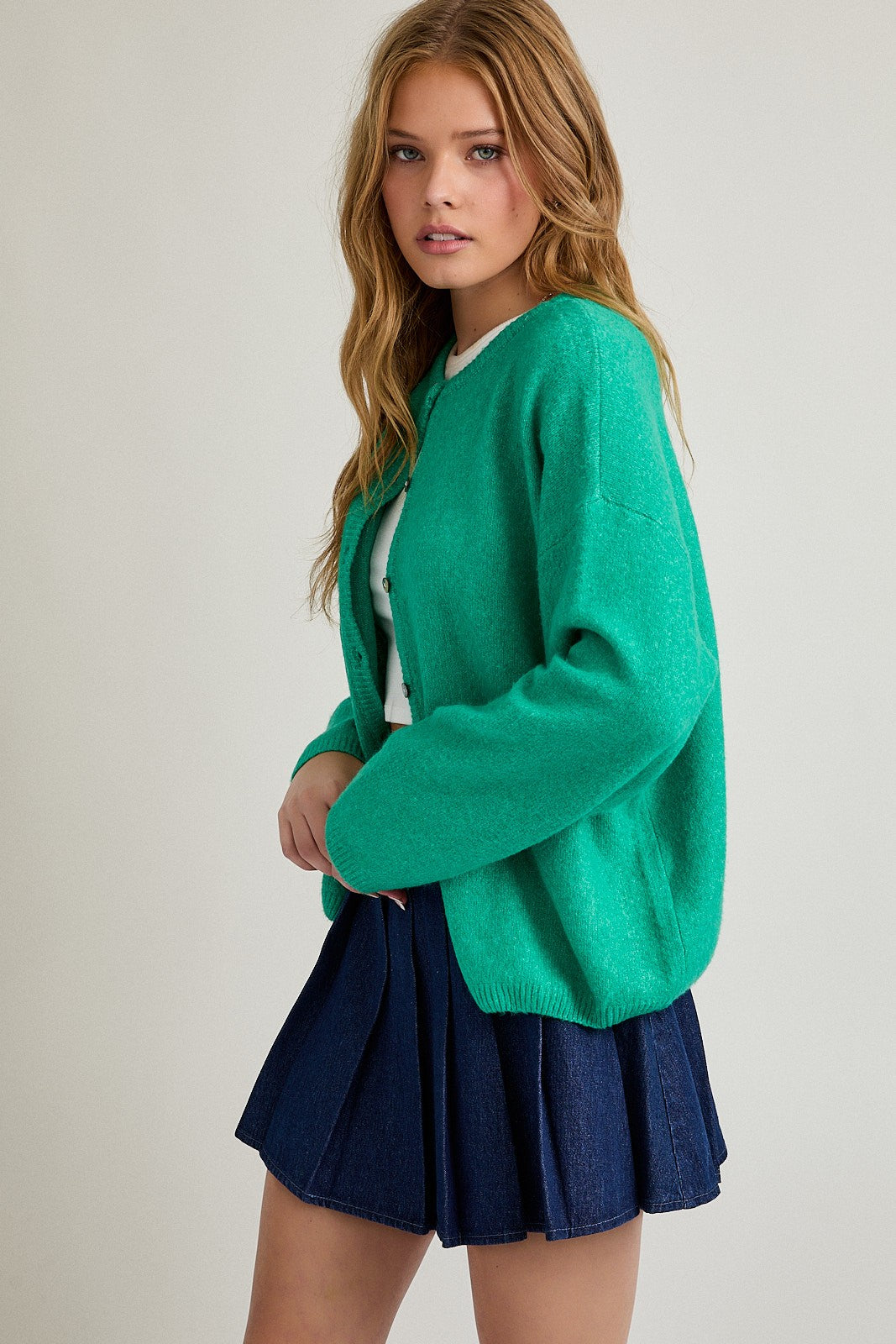 Green Classic Crew Neck Button Cardigan