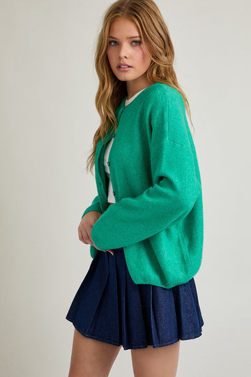 Green Classic Crew Neck Button Cardigan