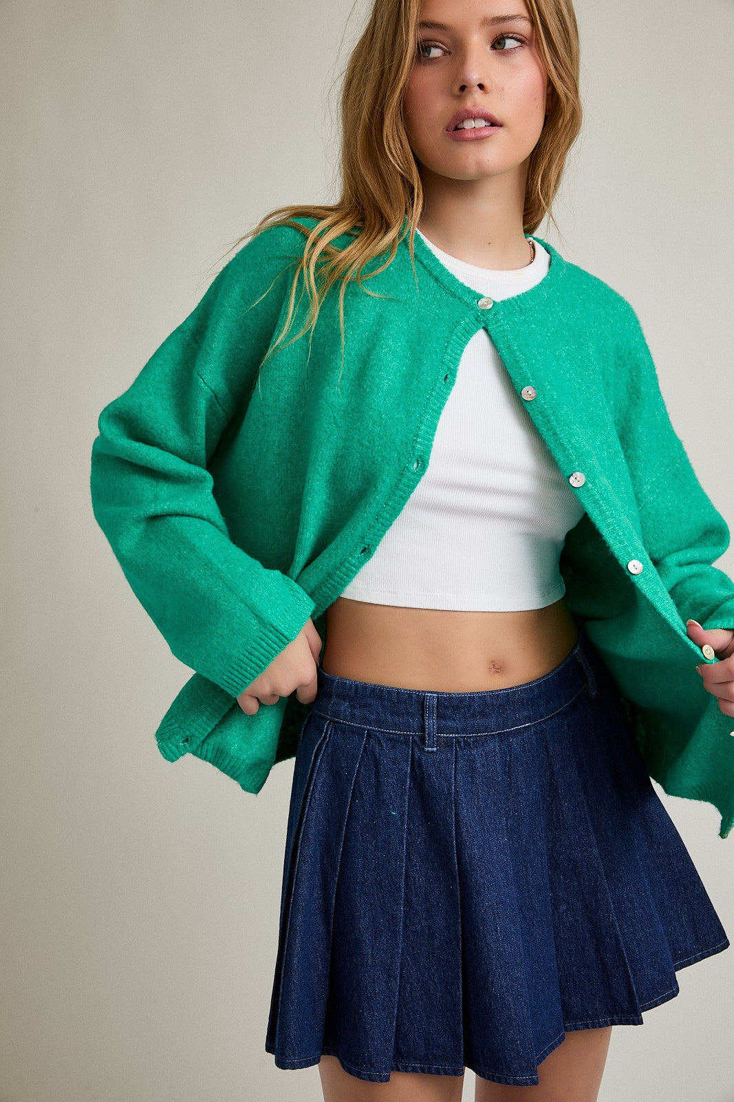 Green Classic Crew Neck Button Cardigan
