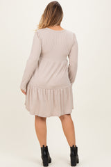Beige Textured Rib Tiered Long Sleeve Maternity Plus Dress