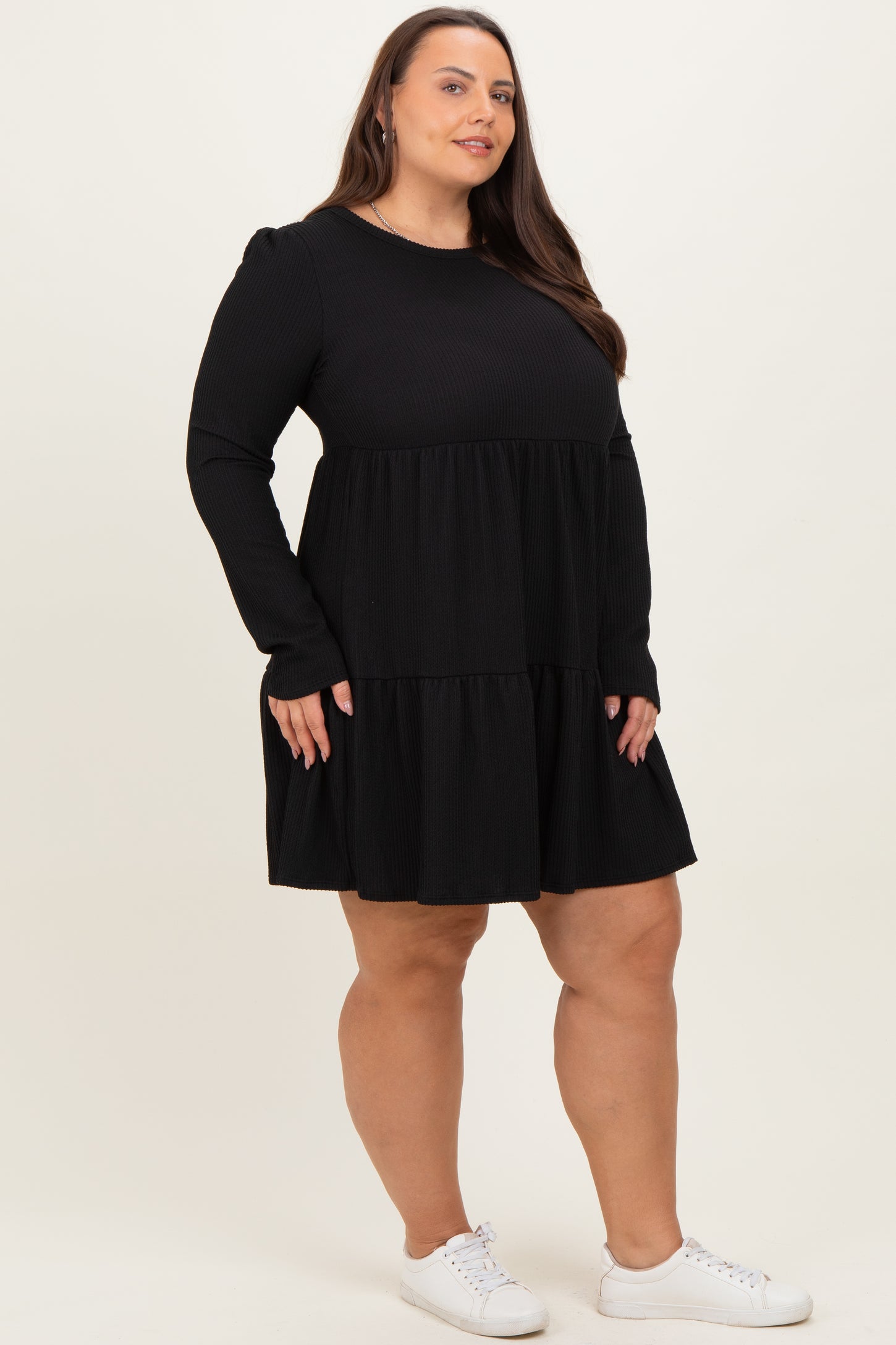Black Textured Rib Tiered Long Sleeve Plus Dress