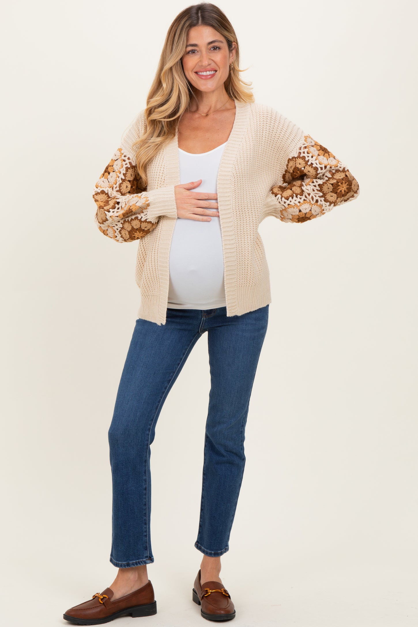 Beige Crochet Detail Sleeve Maternity Cardigan