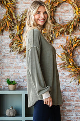 Olive Textured Rib Bubble Sleeve Henley