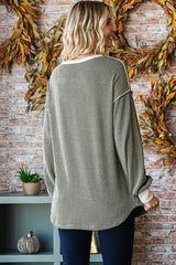 Olive Textured Rib Bubble Sleeve Henley