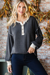 Charcoal Textured Rib Bubble Sleeve Henley