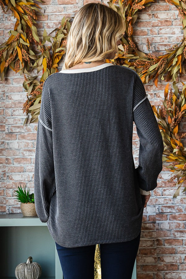 Charcoal Textured Rib Bubble Sleeve Henley