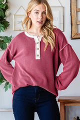 Burgundy Textured Rib Bubble Sleeve Henley