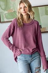 Mauve Textured Rib Thumb Hole Long Sleeve Top