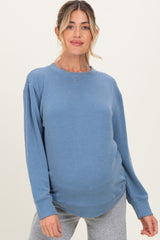 Dusty Blue Textured Rib Crew Neck Maternity Long Sleeve