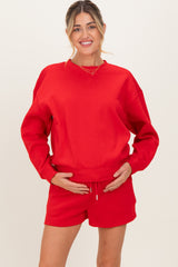 Red Fleece Sweatshirt Shorts Maternity Set