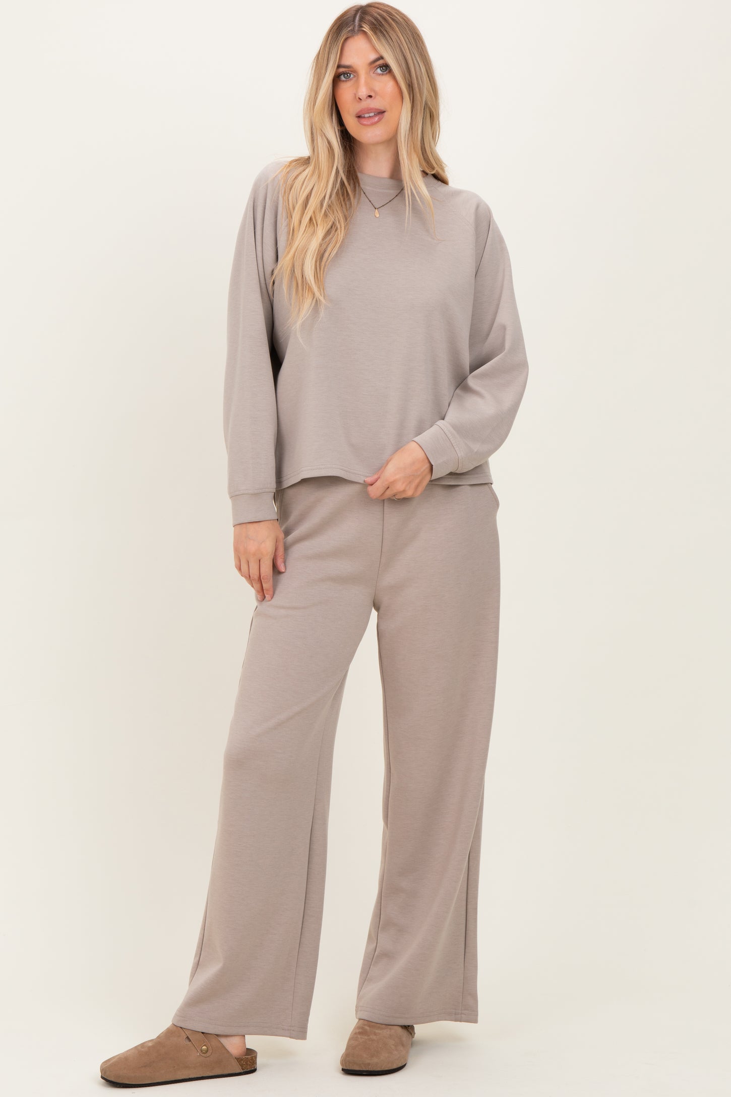 Beige Crewneck Pullover Pant Maternity Set
