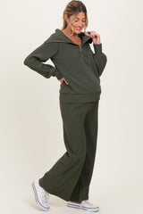 Olive Ribbed Half Zip Pullover Wide Leg Pant Maternity Set