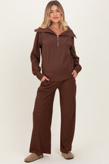 Brown Ribbed Half Zip Pullover Wide Leg Pant Maternity Set