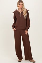 Brown Ribbed Half Zip Pullover Wide Leg Pant Maternity Set
