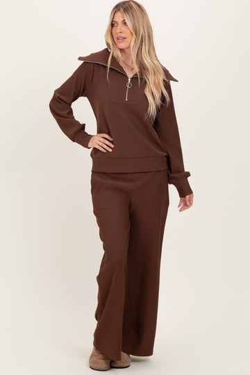 Brown Ribbed Half Zip Pullover Wide Leg Pant Set
