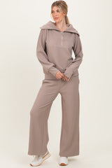 Mocha Ribbed Half Zip Pullover Wide Leg Pant Maternity Set