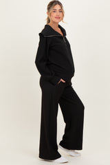 Black Ribbed Half Zip Pullover Wide Leg Pant Maternity Set