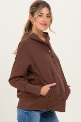 Brown Fleece Snap Button Maternity Hoodie